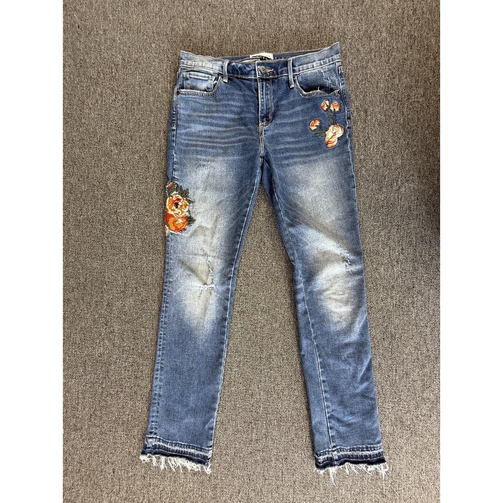 Driftwood Jeans Womens 28 Blue Audrey Skinny Floral Embroidered Stretch Raw Hem - Picture 2 of 8